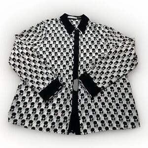 Alice + Olivia Graphic Face Print Blouse Large Button Front Designer Top
